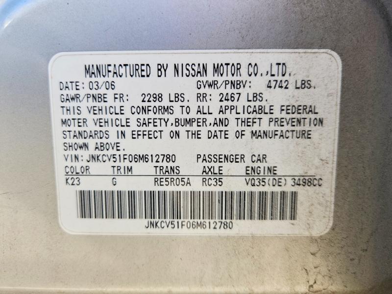 56608316 :رقم المزاد ، JNKCV51F06M612780 vin ، 2006 Infiniti G35 مزاد بيع