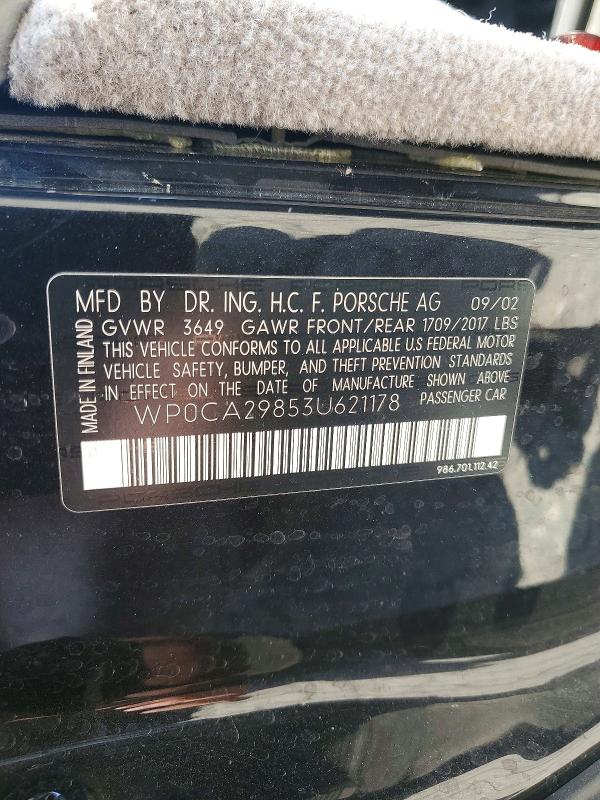 2003 Porsche Boxster მანქანა იყიდება აუქციონზე, vin: WP0CA29853U621178, აუქციონის ნომერი: 58125646