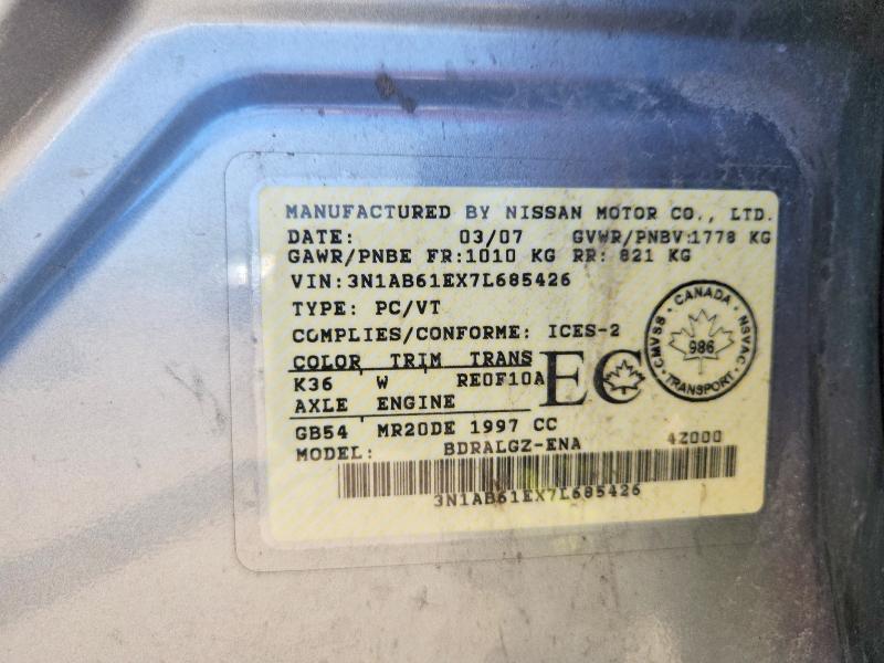 Продажа на аукционе авто 2007 Nissan Sentra, vin: 3N1AB61EX7L685426, номер лота: 58592336