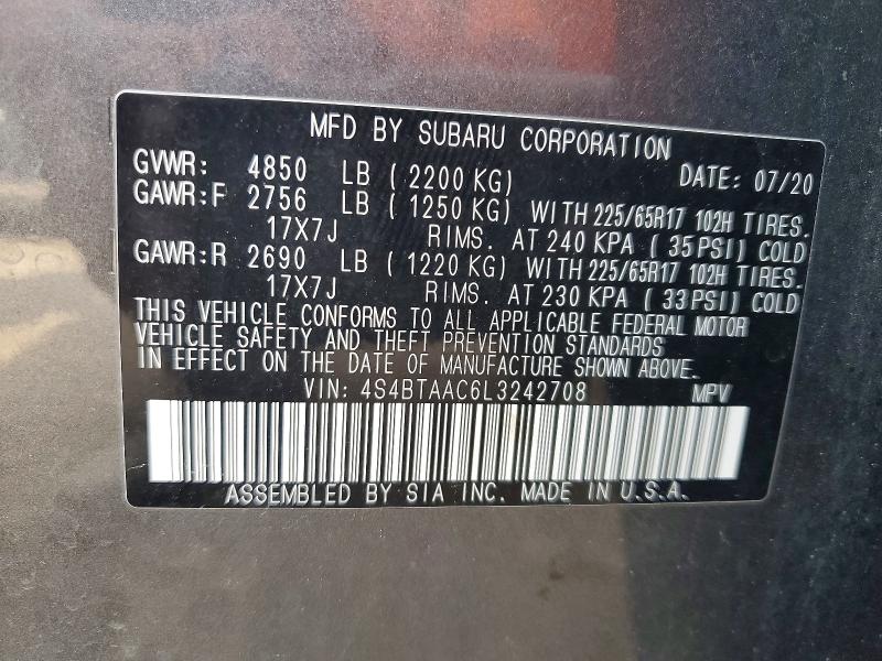 Aukcja sprzedaży 2020 Subaru Outback, vin: 4S4BTAAC6L3242708, numer aukcji: 57875486