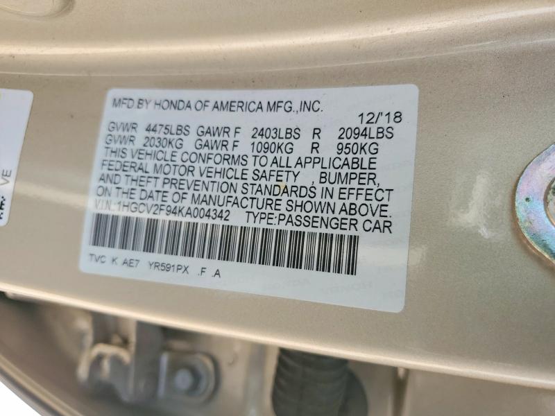 Продаж на аукціоні авто 2019 Honda Accord, vin: 1HGCV2F94KA004342, номер лоту: 57965516