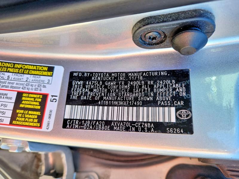 2019 Toyota Camry მანქანა იყიდება აუქციონზე, vin: 4T1B11HK9KU717490, აუქციონის ნომერი: 55905246