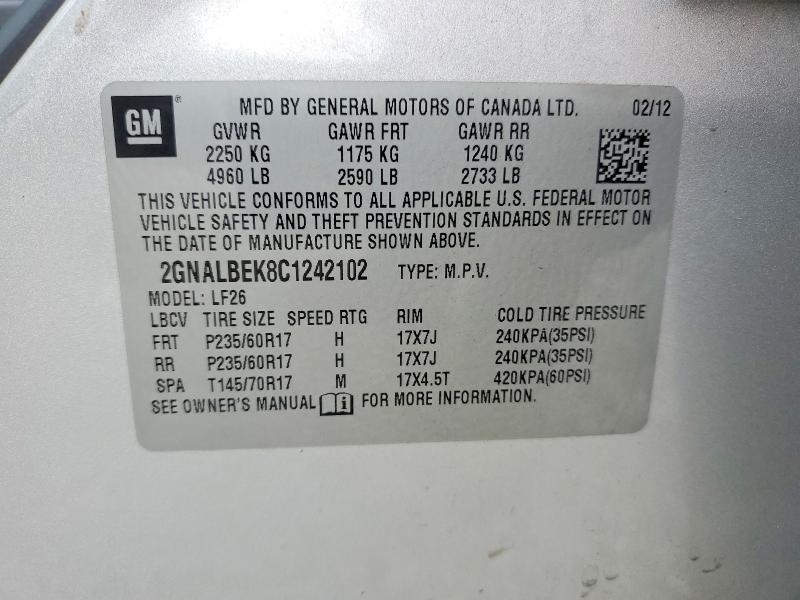 Aukcja sprzedaży 2012 Chevrolet Equinox, vin: 2GNALBEK8C1242102, numer aukcji: 57809816