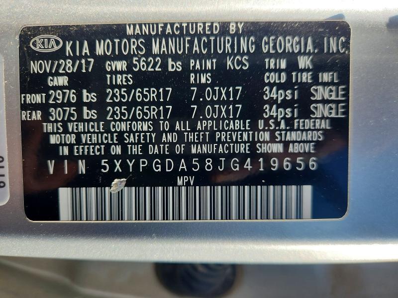 55377446 :رقم المزاد ، 5XYPGDA58JG419656 vin ، 2018 Kia Sorento مزاد بيع