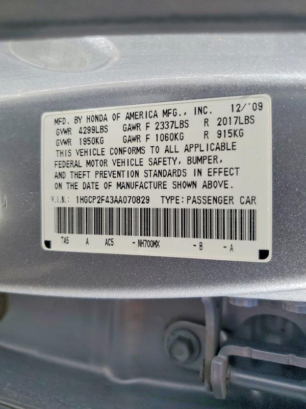 Aukcja sprzedaży 2010 Honda Accord, vin: 1HGCP2F43AA070829, numer aukcji: 57708996