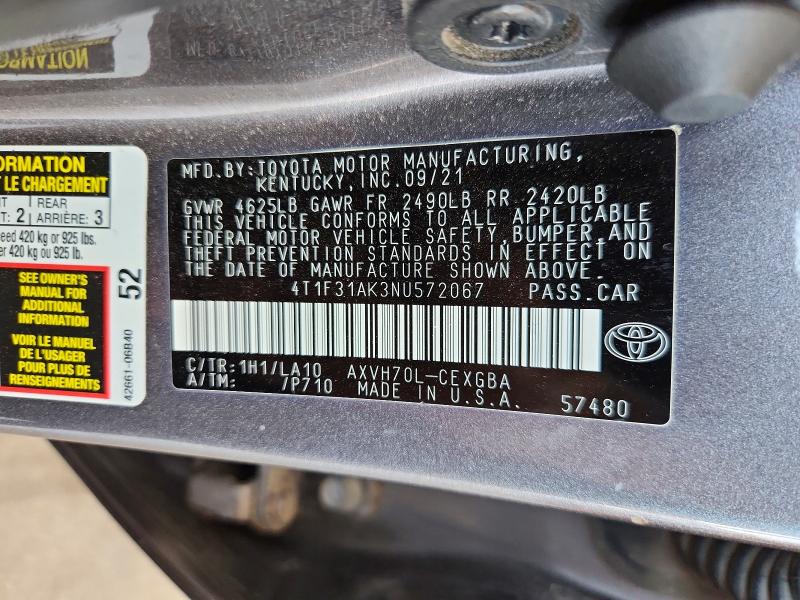 58885886 :رقم المزاد ، 4T1F31AK3NU572067 vin ، 2022 Toyota Camry مزاد بيع