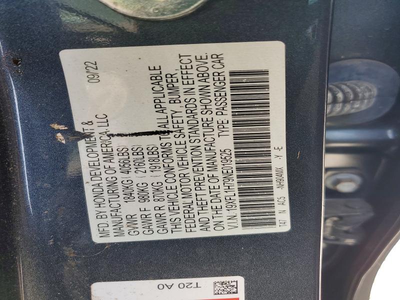 Продажа на аукционе авто 2022 Honda Civic, vin: 19XFL1H79NE019525, номер лота: 58037666