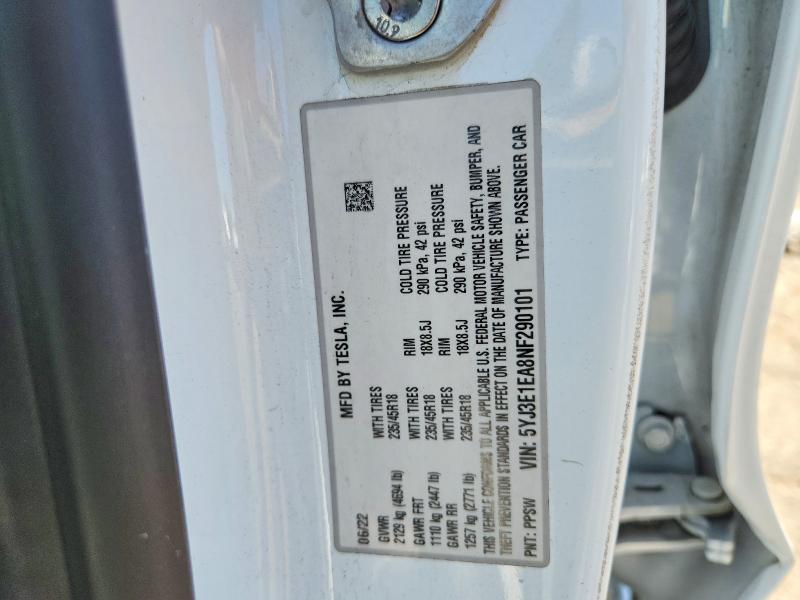 Продаж на аукціоні авто 2022 Tesla Model 3, vin: 5YJ3E1EA8NF290101, номер лоту: 56864586