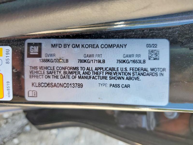 57674286 :رقم المزاد ، KL8CD6SA0NC013789 vin ، 2022 Chevrolet Spark مزاد بيع