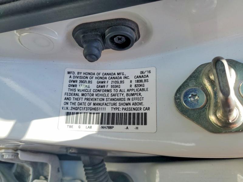 58893336 :رقم المزاد ، 2HGFC1F37GH651111 vin ، 2016 Honda Civic مزاد بيع
