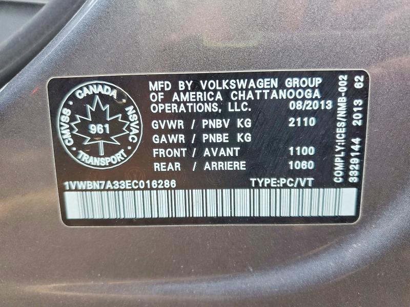 56265006 :رقم المزاد ، 1VWBN7A33EC016286 vin ، 2014 Volkswagen Passat مزاد بيع