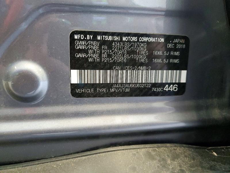 56818206 :رقم المزاد ، JA4AJ3AU6KU602122 vin ، 2019 Mitsubishi Rvr مزاد بيع