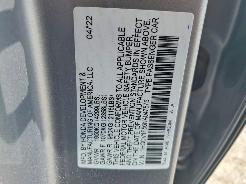 2022 Honda Accord მანქანა იყიდება აუქციონზე, vin: 1HGCV1F56NA047575, აუქციონის ნომერი: 56745656