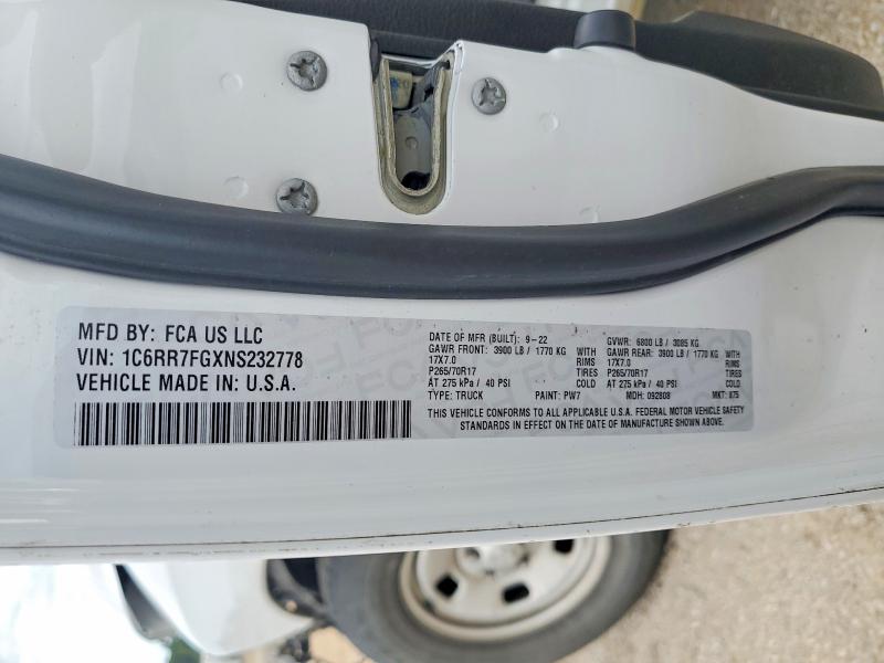 2022 Ram 1500 Classic მანქანა იყიდება აუქციონზე, vin: 1C6RR7FGXNS232778, აუქციონის ნომერი: 58612186