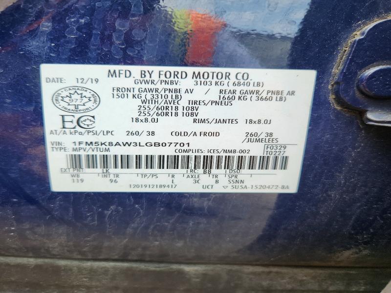 2020 Ford Explorer მანქანა იყიდება აუქციონზე, vin: 1FM5K8AW3LGB07701, აუქციონის ნომერი: 55613526