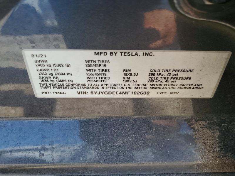 2021 Tesla Model Y მანქანა იყიდება აუქციონზე, vin: 5YJYGDEE4MF102600, აუქციონის ნომერი: 50197656