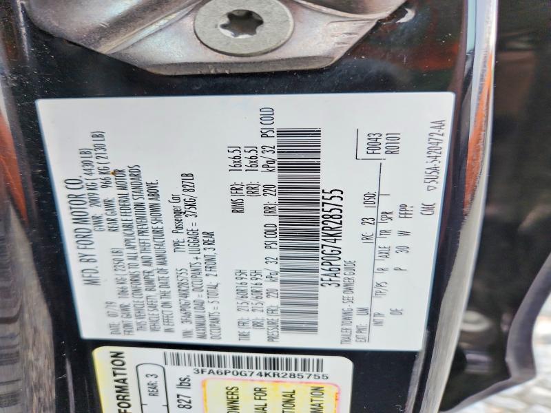 56314006 :رقم المزاد ، 3FA6P0G74KR285755 vin ، 2019 Ford Fusion مزاد بيع