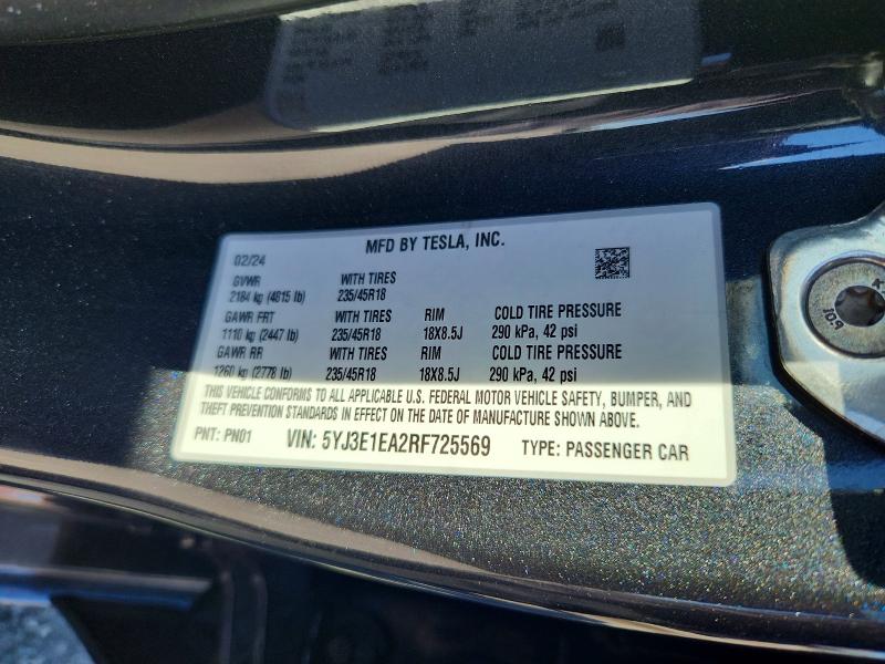 Aukcja sprzedaży 2024 Tesla Model 3, vin: 5YJ3E1EA2RF725569, numer aukcji: 58001376