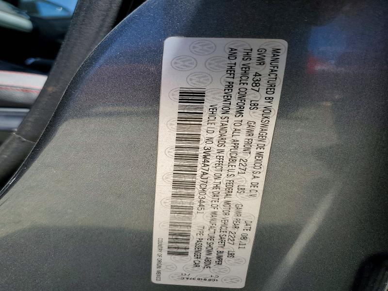 Продажа на аукционе авто 2012 Volkswagen Jetta, vin: 3VW4A7AJ7CM034451, номер лота: 57427816