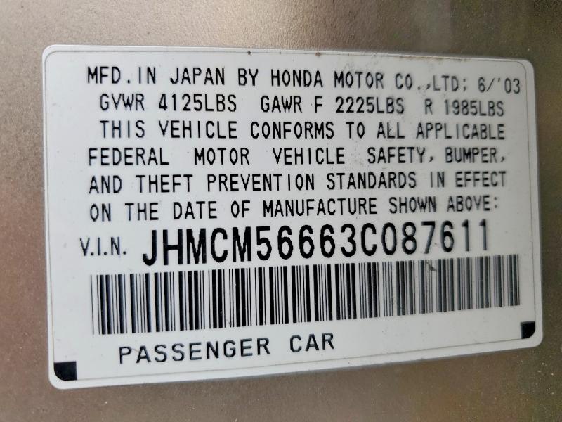 2003 Honda Accord მანქანა იყიდება აუქციონზე, vin: JHMCM56663C087611, აუქციონის ნომერი: 56825656