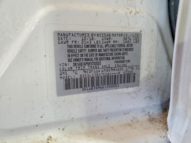 57875786 :رقم المزاد ، 3N1AB7AP6KY250003 vin ، 2019 Nissan Sentra مزاد بيع
