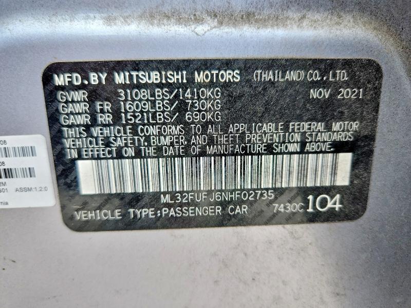 57165026 :رقم المزاد ، ML32FUFJ6NHF02735 vin ، 2022 Mitsubishi Mirage مزاد بيع