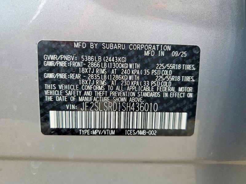 Aukcja sprzedaży 2025 Subaru Forester, vin: JF2SLSRD1SH436010, numer aukcji: 58212316