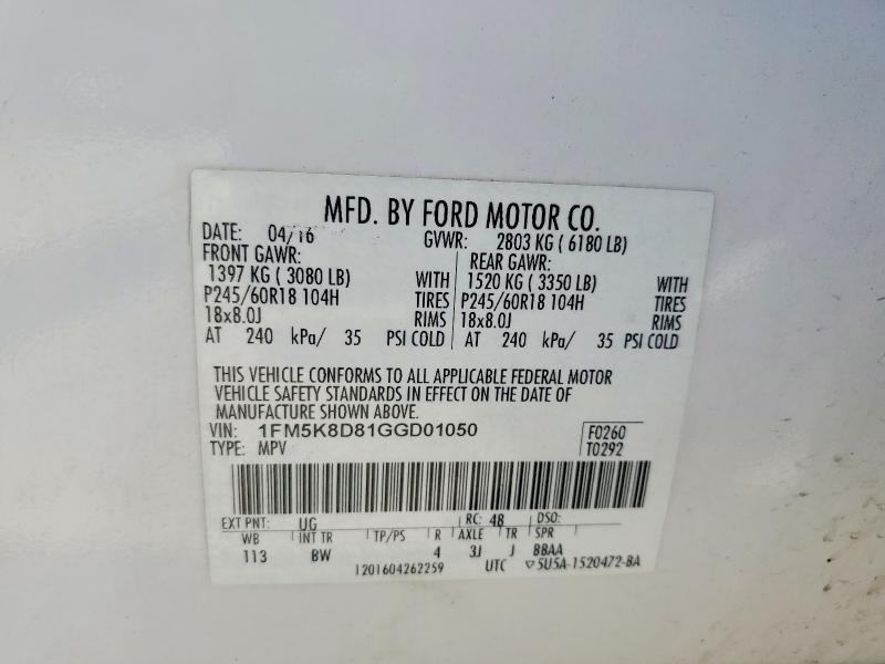Aukcja sprzedaży 2016 Ford Explorer, vin: 1FM5K8D81GGD01050, numer aukcji: 56931626