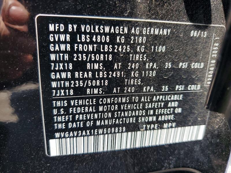 Aukcja sprzedaży 2014 Volkswagen Tiguan, vin: WVGAV3AX1EW509839, numer aukcji: 57950886