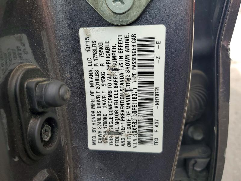 2015 Honda Civic მანქანა იყიდება აუქციონზე, vin: 19XFB2F50FE118374, აუქციონის ნომერი: 57868606