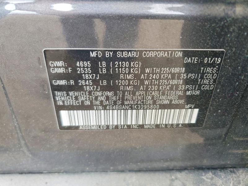 57659486 :رقم المزاد ، 4S4BSANC1K3295800 vin ، 2019 Subaru Outback مزاد بيع