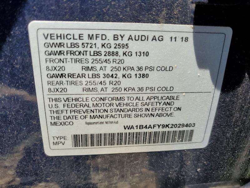 2019 Audi Sq5 მანქანა იყიდება აუქციონზე, vin: WA1B4AFY9K2029403, აუქციონის ნომერი: 56319306