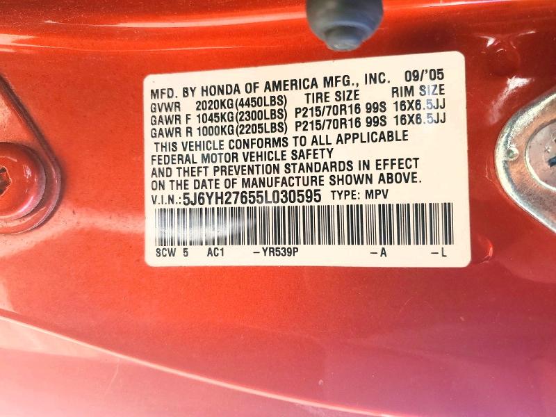 57713186 :رقم المزاد ، 5J6YH27655L030595 vin ، 2005 Honda Element مزاد بيع