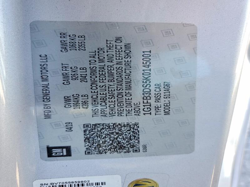 58309006 :رقم المزاد ، 1G1FB3DS5K0145001 vin ، 2019 Chevrolet Camaro مزاد بيع