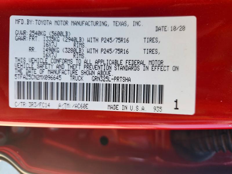 Aukcja sprzedaży 2021 Toyota Tacoma, vin: 5TFAZ5CN2MX096645, numer aukcji: 56225606