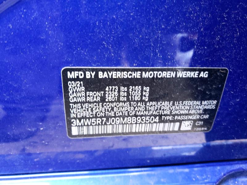 Aukcja sprzedaży 2021 Bmw 330xi, vin: 3MW5R7J09M8B93504, numer aukcji: 58146656