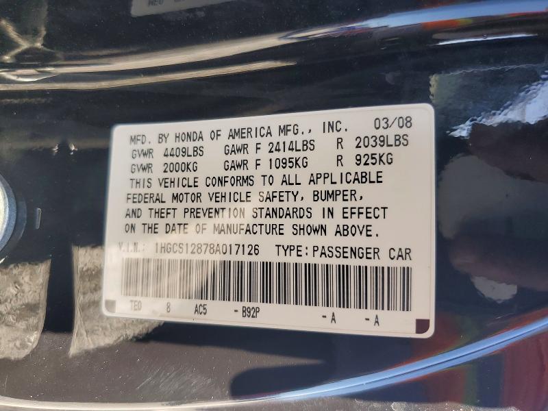 Продажа на аукционе авто 2008 Honda Accord, vin: 1HGCS12878A017126, номер лота: 56174946