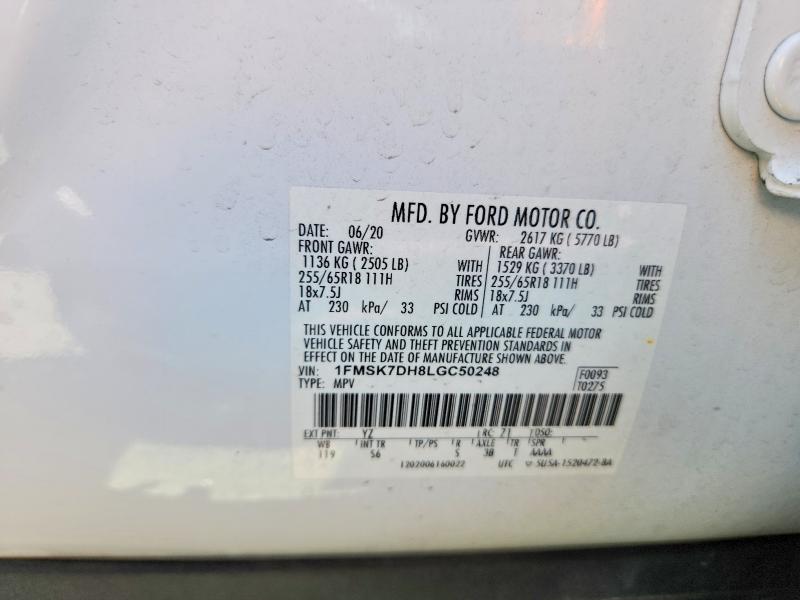 2020 Ford Explorer მანქანა იყიდება აუქციონზე, vin: 1FMSK7DH8LGC50248, აუქციონის ნომერი: 56357996