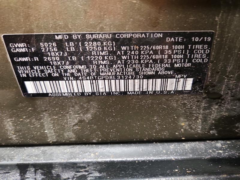 Продажа на аукционе авто 2020 Subaru Outback, vin: 4S4BTGPD8L3124730, номер лота: 55426256