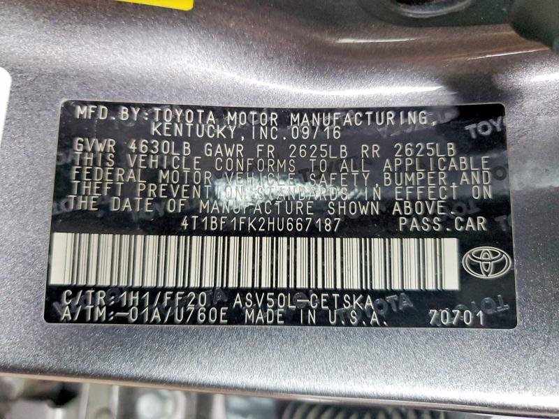 Продаж на аукціоні авто 2017 Toyota Camry, vin: 4T1BF1FK2HU667187, номер лоту: 55941716