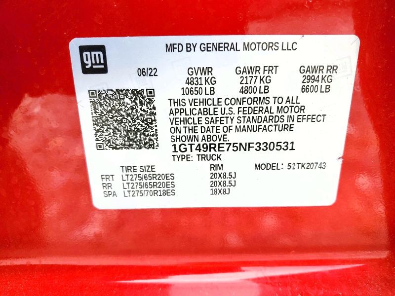 2022 Gmc Sierra მანქანა იყიდება აუქციონზე, vin: 1GT49RE75NF330531, აუქციონის ნომერი: 54963076
