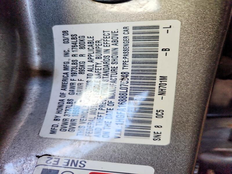 Aukcja sprzedaży 2008 Honda Civic, vin: 1HGFA16888L075048, numer aukcji: 57810616