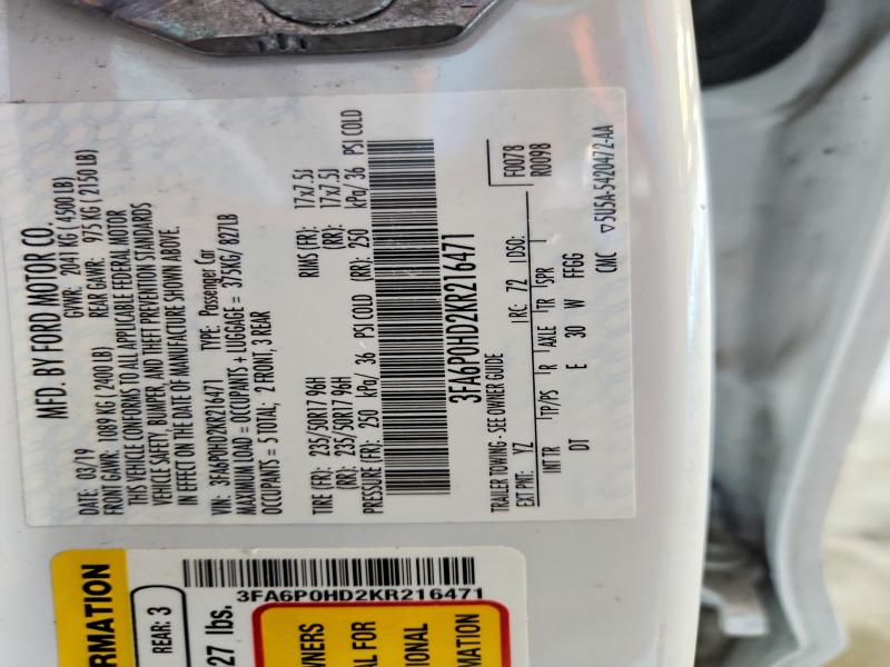 56523046 :رقم المزاد ، 3FA6P0HD2KR216471 vin ، 2019 Ford Fusion مزاد بيع