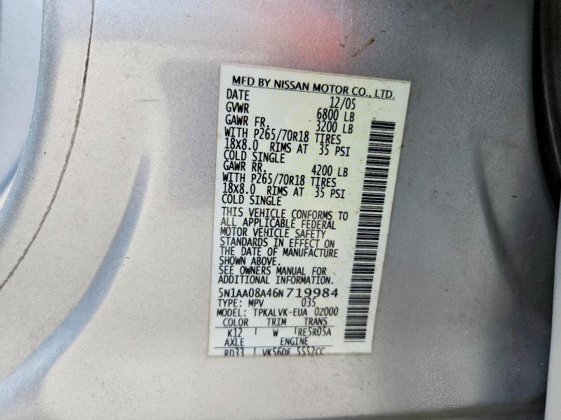 58046316 :رقم المزاد ، 5N1AA08A46N719984 vin ، 2006 Nissan Armada مزاد بيع
