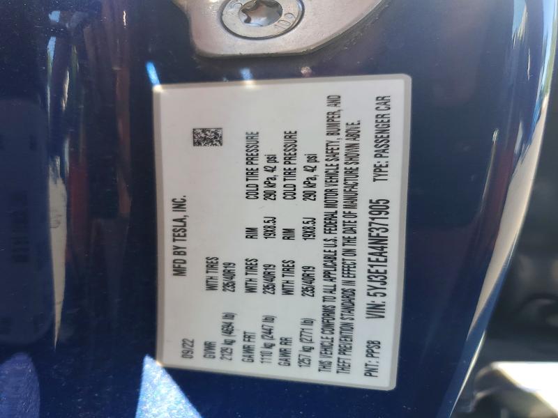 2022 Tesla Model 3 მანქანა იყიდება აუქციონზე, vin: 5YJ3E1EA4NF371905, აუქციონის ნომერი: 57187246
