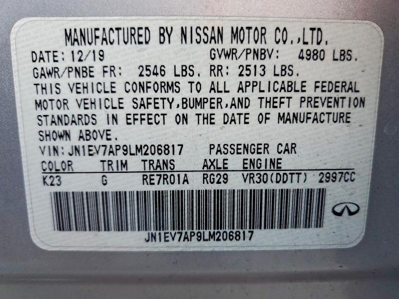 Продажа на аукционе авто 2020 Infiniti Q50, vin: JN1EV7AP9LM206817, номер лота: 57556476