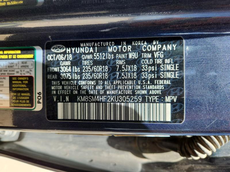 59267686 :رقم المزاد ، KM8SM4HF2KU305259 vin ، 2019 Hyundai Santa Fe Xl مزاد بيع