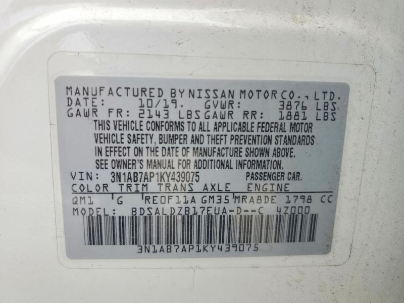 58294726 :رقم المزاد ، 3N1AB7AP1KY439075 vin ، 2019 Nissan Sentra مزاد بيع