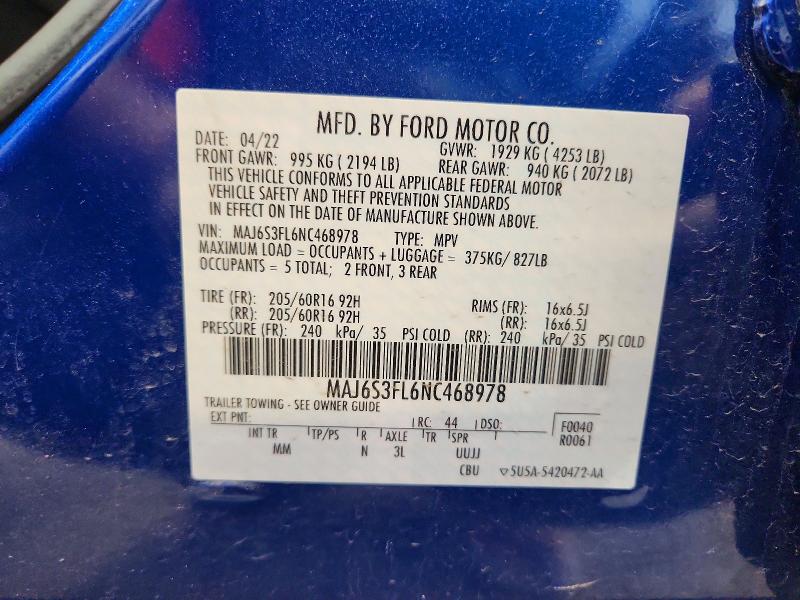 55762266 :رقم المزاد ، MAJ6S3FL6NC468978 vin ، 2022 Ford Ecosport مزاد بيع