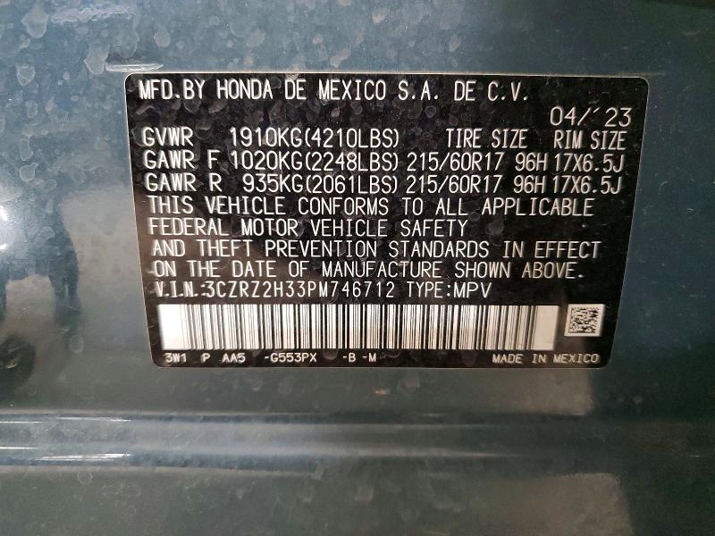 58910056 :رقم المزاد ، 3CZRZ2H33PM746712 vin ، 2023 Honda Hr-v مزاد بيع